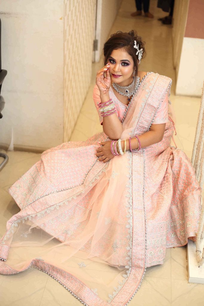 Black Spotted Lehenga With Baby Pink Dupatta set- Rent