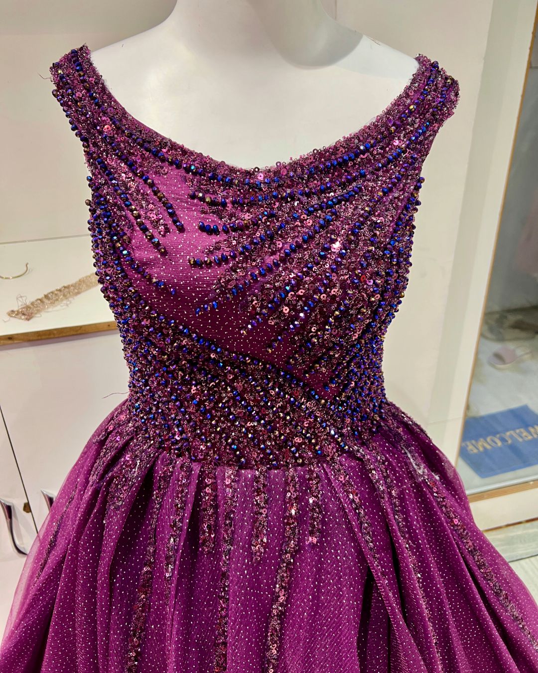 Purple Ball Gown on rent with elegant designer styling