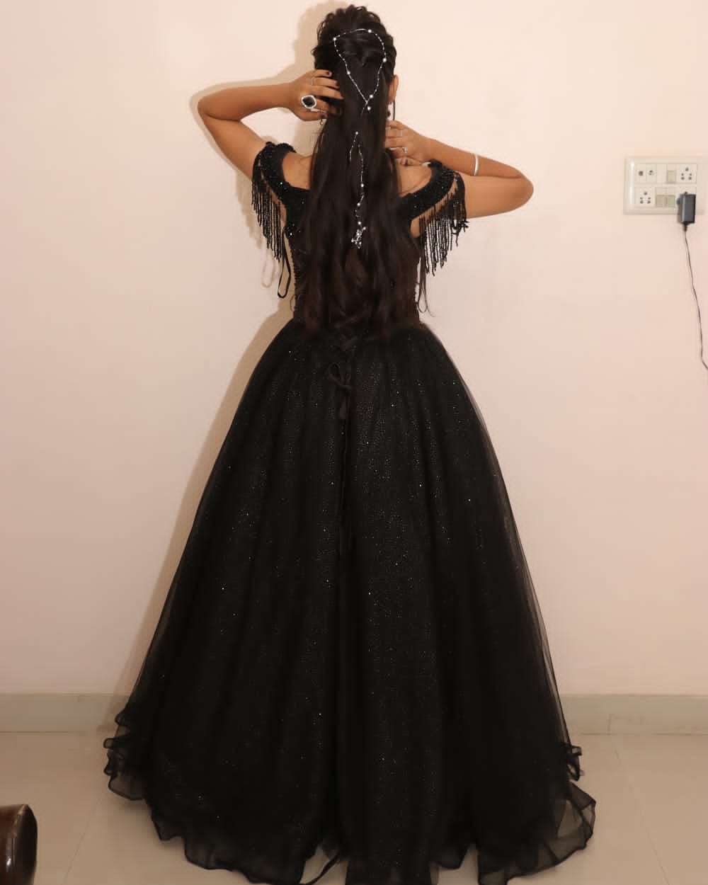 Modest Black Ball Gown Satin Beading Long Sleeves Princess Wedding Dre –  Simibridaldresses