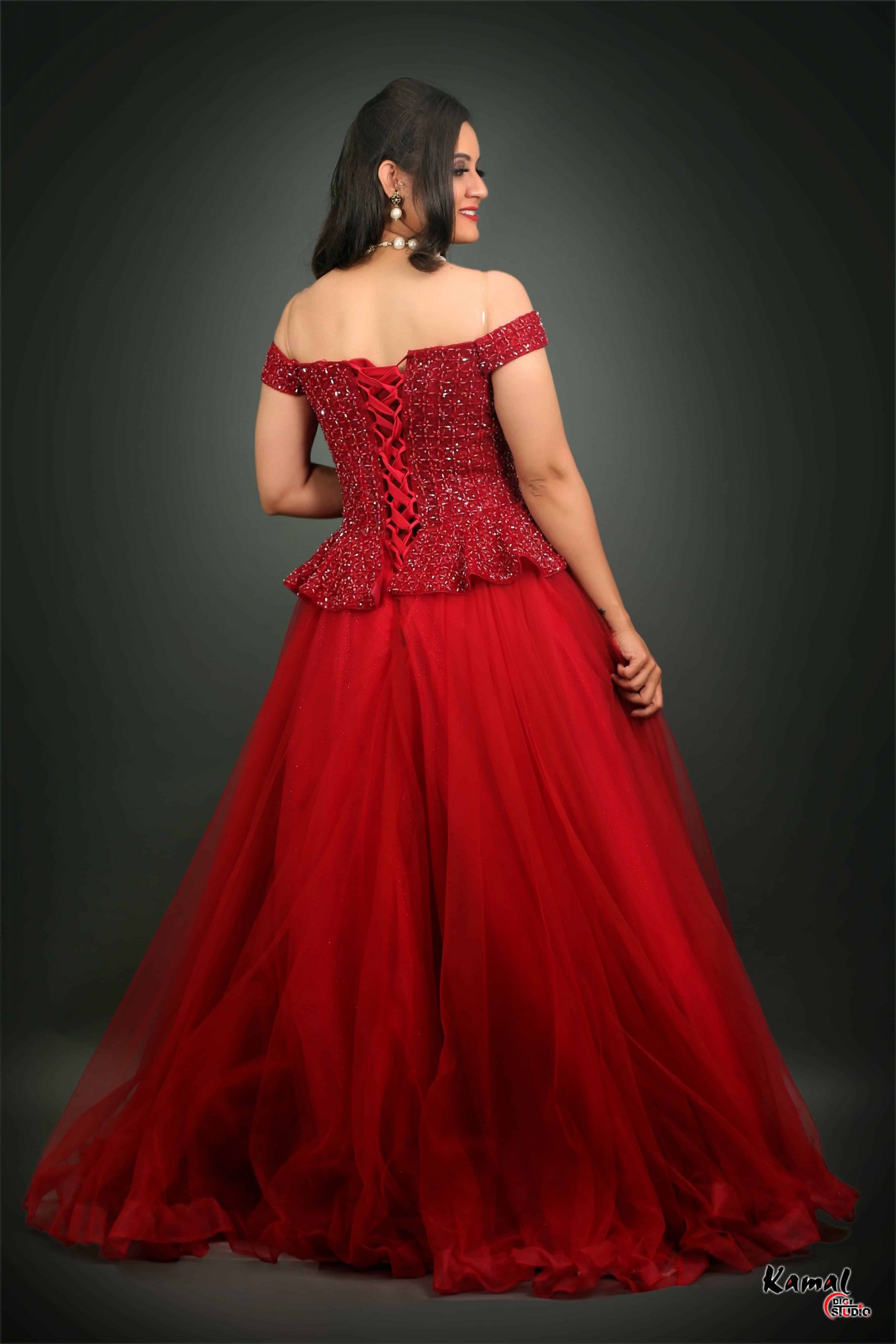 Heavy Embroidered Gown in Red Party Wear