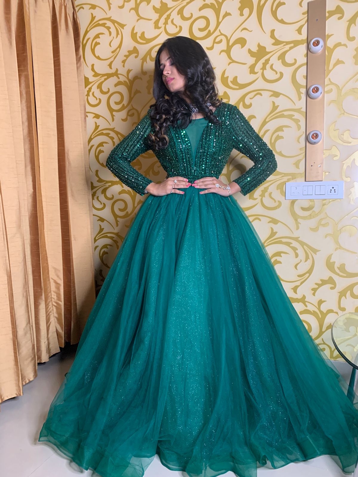 Green Long Sleeves Gown For Bride Rental In Udaipur Fancyano