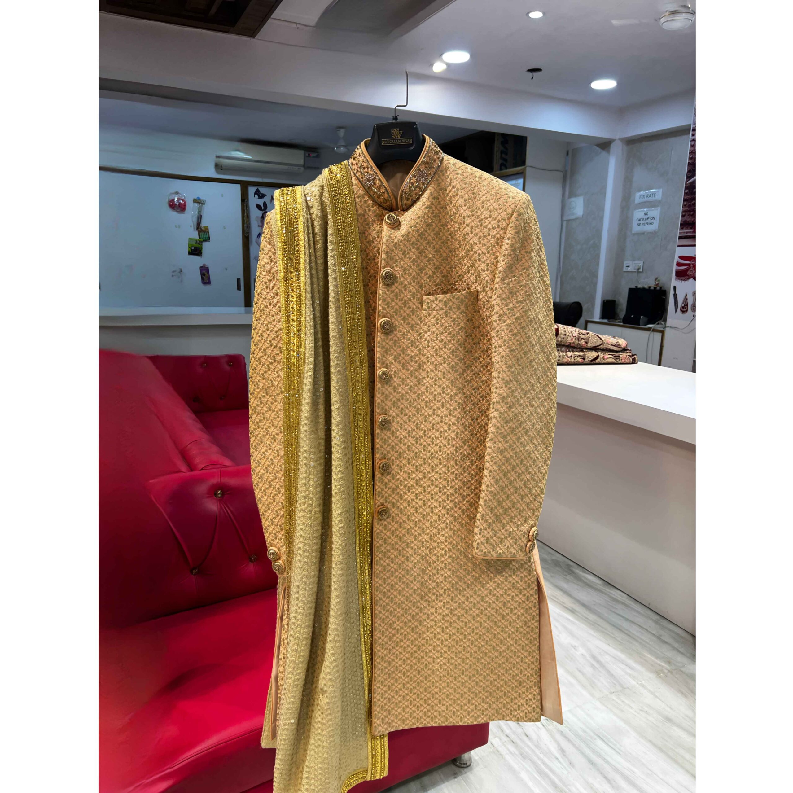 Pitch Golden Embroidery sherwani for men on rent in udaipur