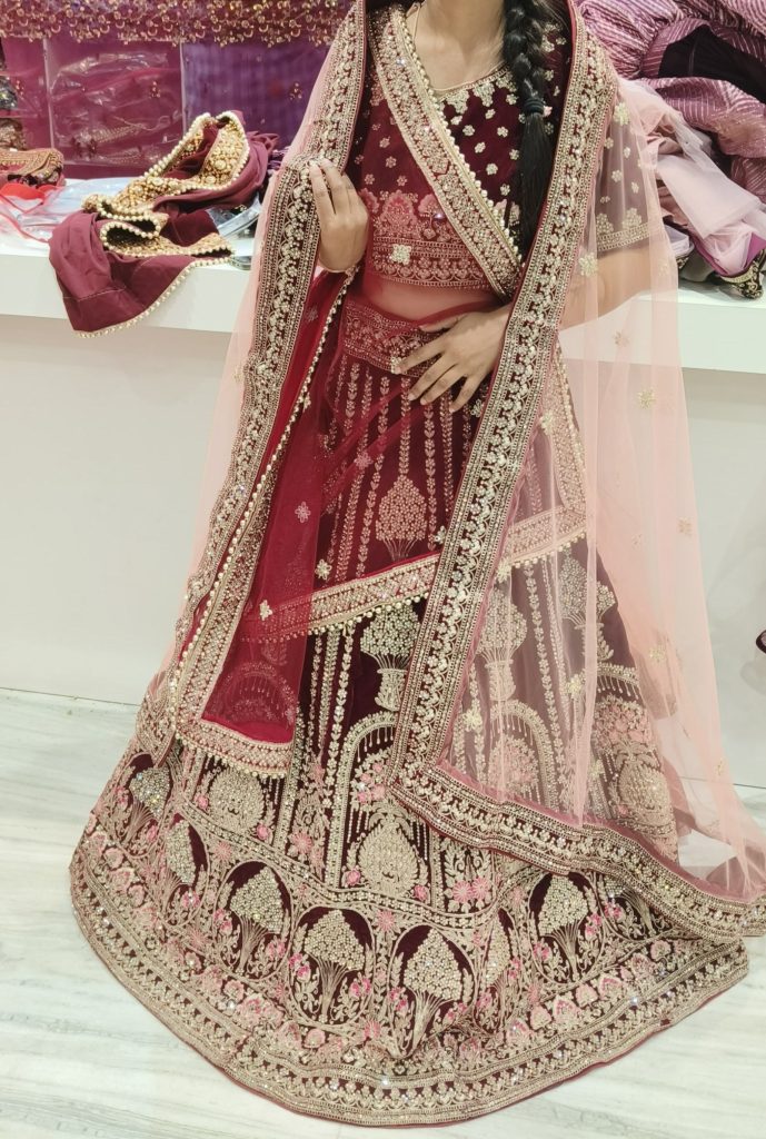 Dark Maroon Velvet Bridal Wear Lehenga - Vasu Sarees - 3519286