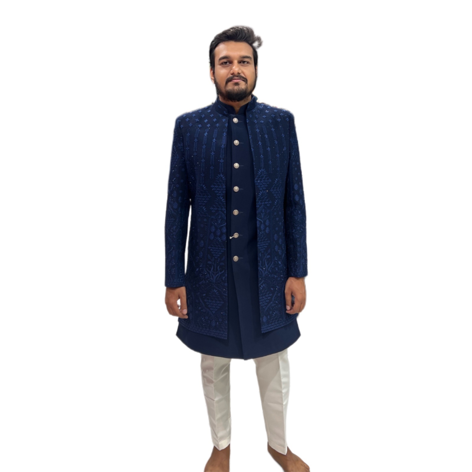 "Blue Indo Western Suit for Men showcased at Fancyano Wedding Dress Rental Store, Udaipur. Explore timeless elegance and style."