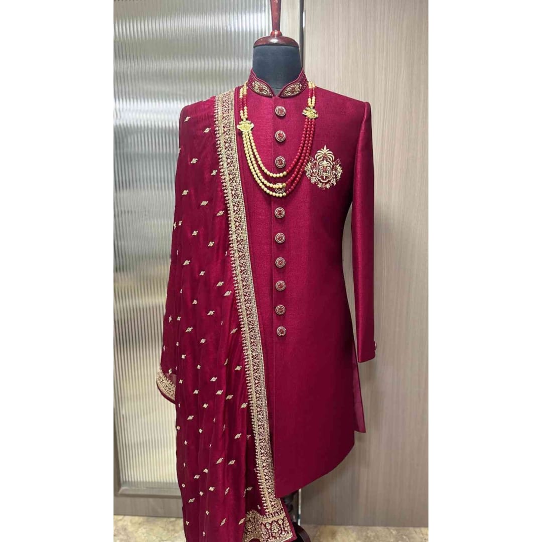 "Elegant Wine Achkan with Shawl for men, featuring luxurious fabric and sophisticated design, ideal for weddings and formal events."