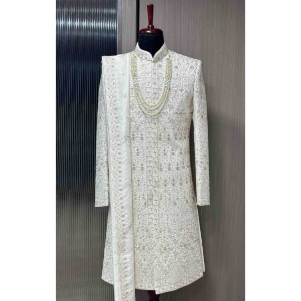 "Luxury handworked sherwani for men available for rent at Fancyano in Udaipur, ideal for weddings and special events."