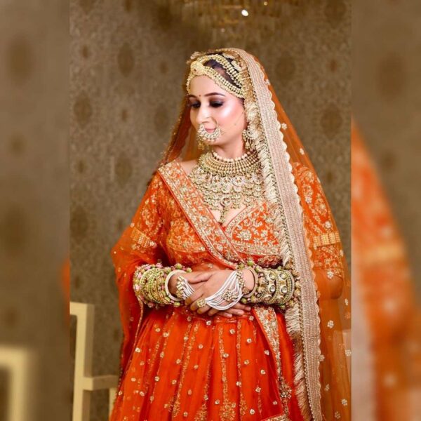 "Radiant Orange Handworked Bridal Lehenga" - Image 3