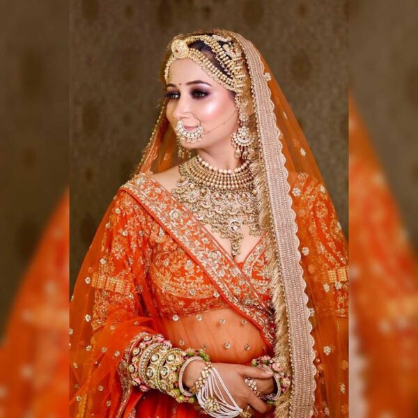 "Radiant Orange Handworked Bridal Lehenga" - Image 2