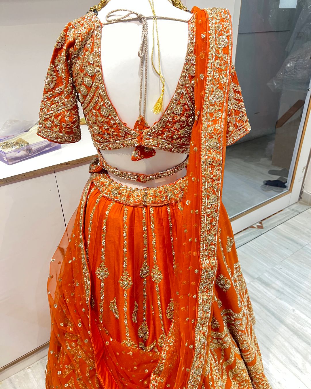 "Radiant Orange Handworked Bridal Lehenga" - Image 3
