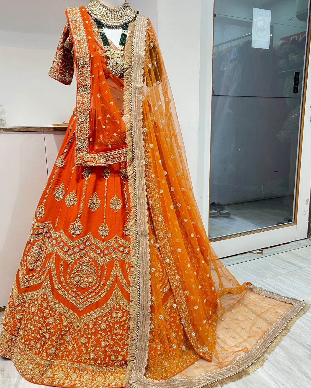 "Radiant Orange Handworked Bridal Lehenga" - Image 4
