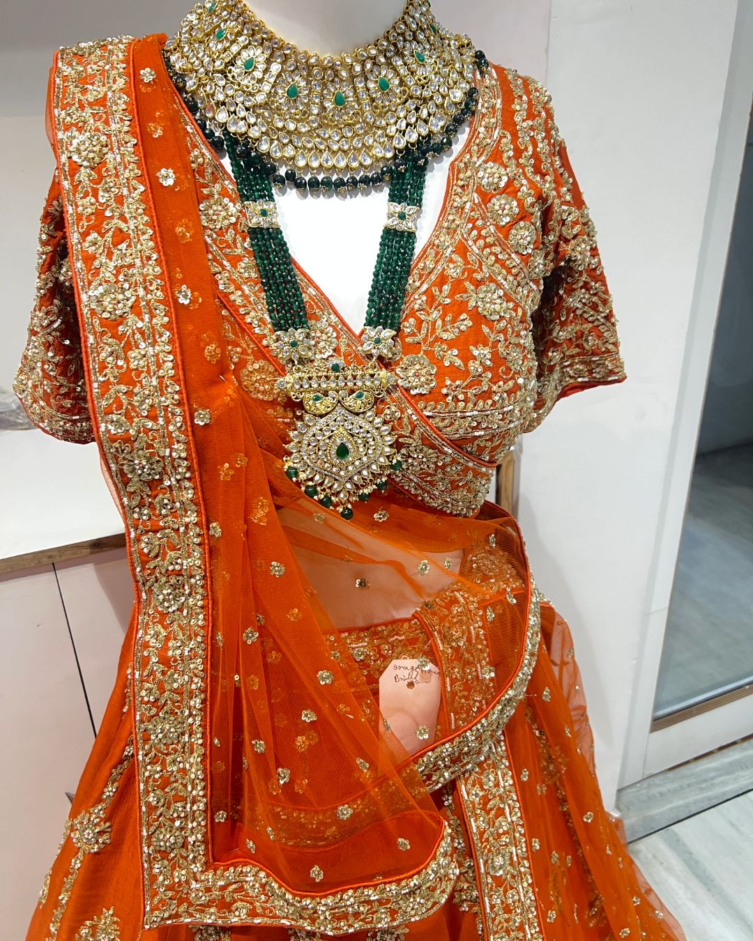 "Radiant Orange Handworked Bridal Lehenga" - Image 5