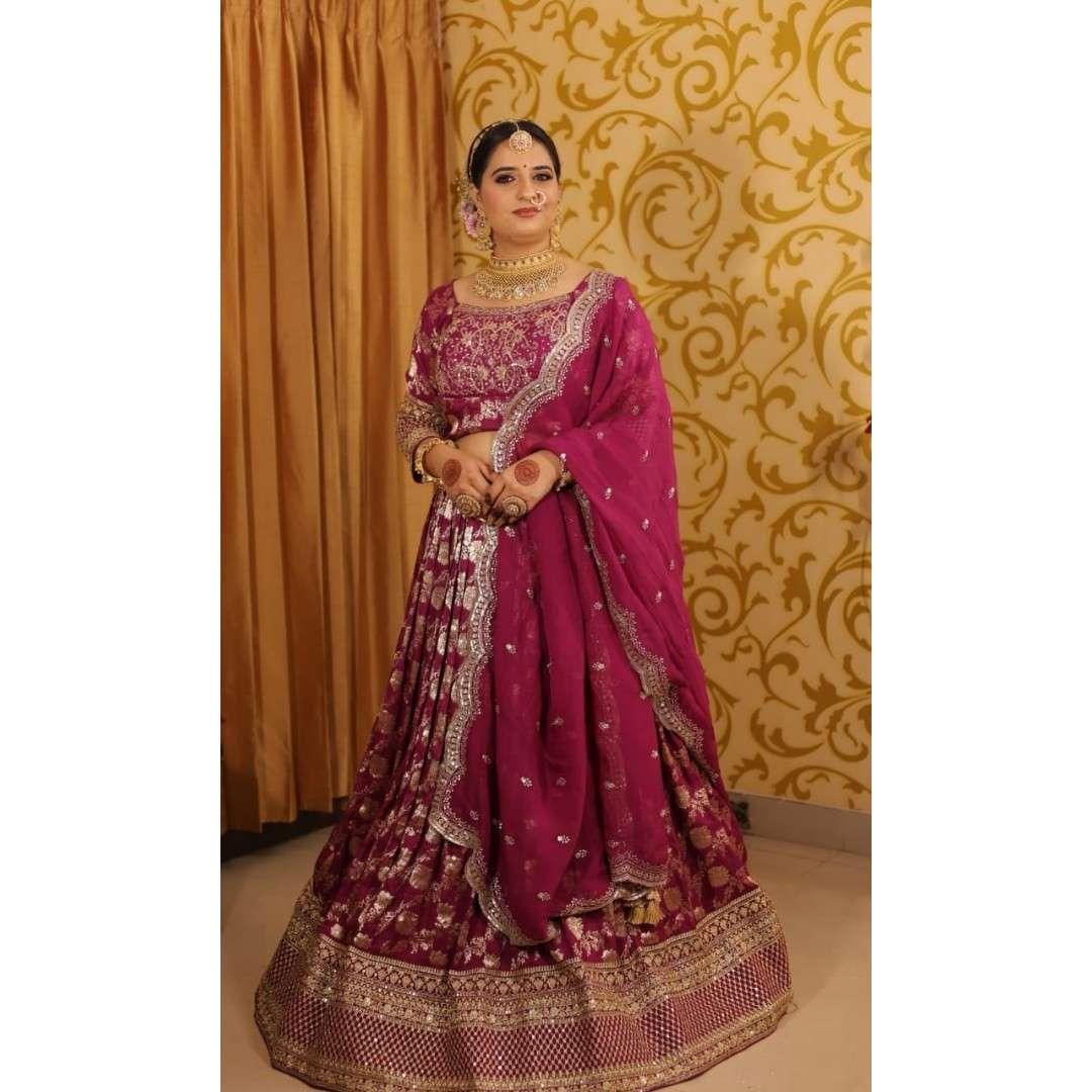 "Banarasi purple girlish lehenga rental with intricate detailing for weddings and festive occasions."