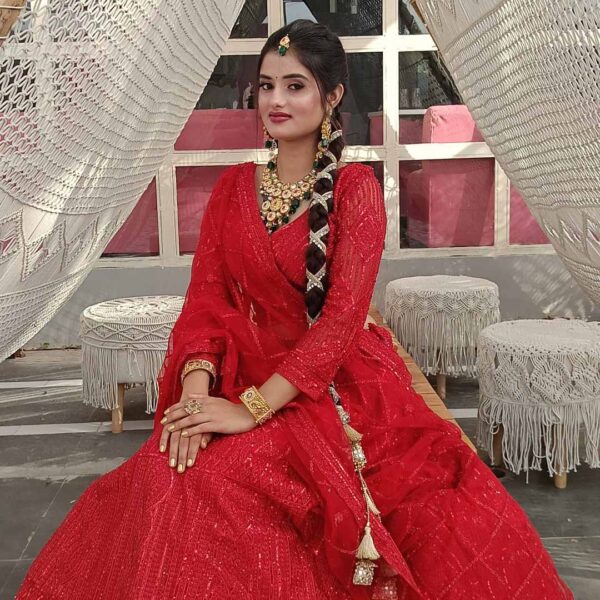 Gorgeous Glow-Up: Rent Designer Red Celebrity Lehenga Today! - Image 3
