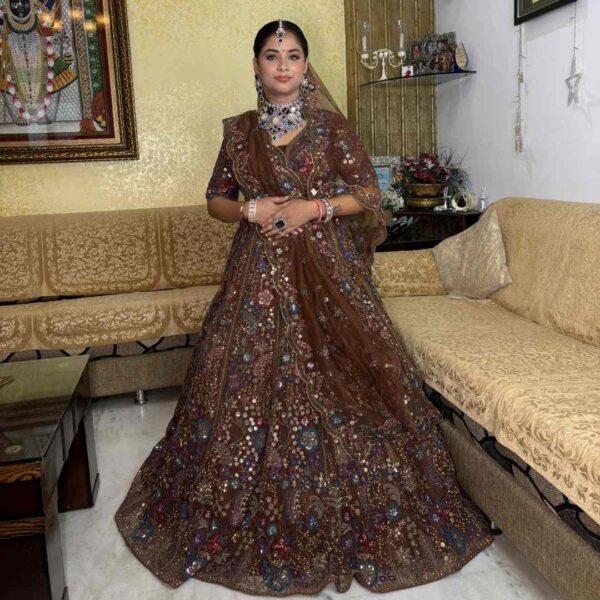 3 Handcrafted Brown Bridal Lehenga on Rent – Fancyano - Image 3