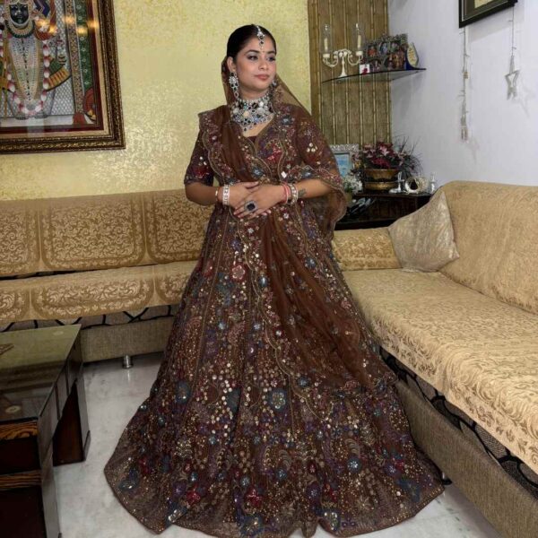 3 Handcrafted Brown Bridal Lehenga on Rent – Fancyano - Image 2