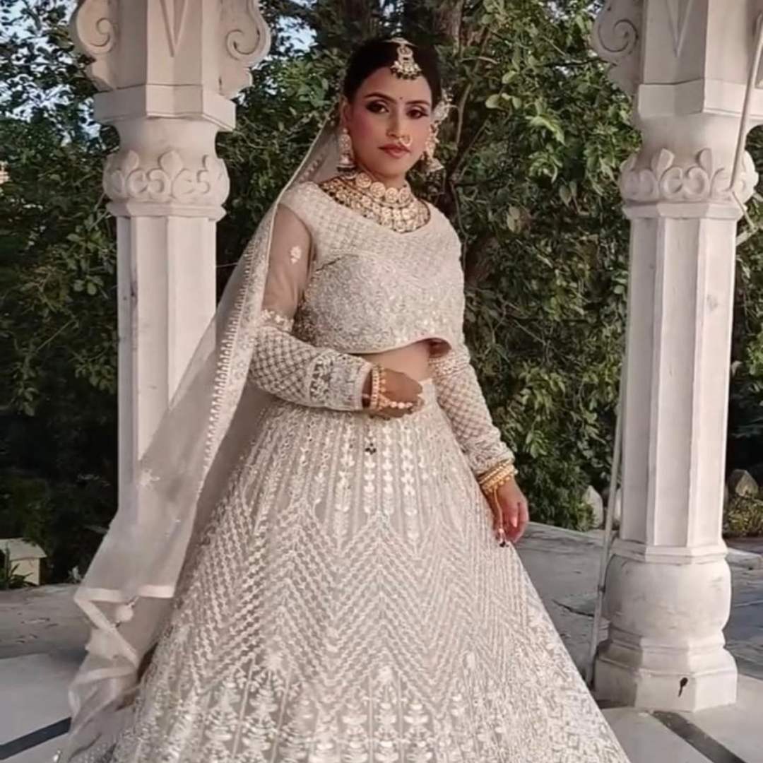 Cream Mirror Work Lehenga available on rent in Udaipur