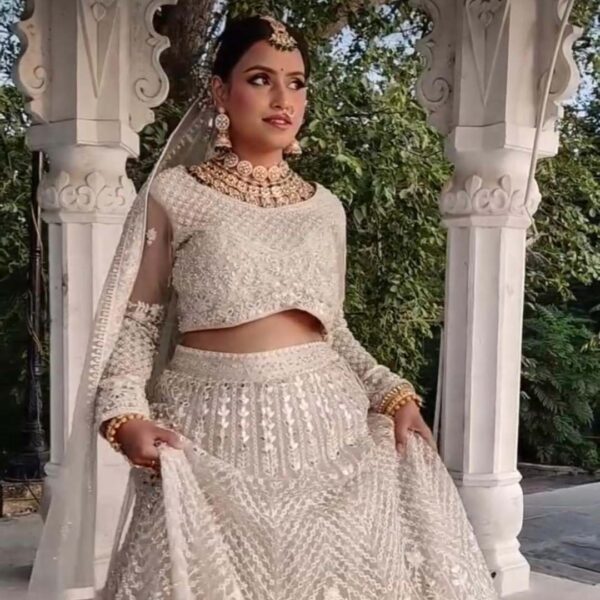 Top 1 Cream Mirror Work Lehenga on Rent – Shine Gracefully - Image 2