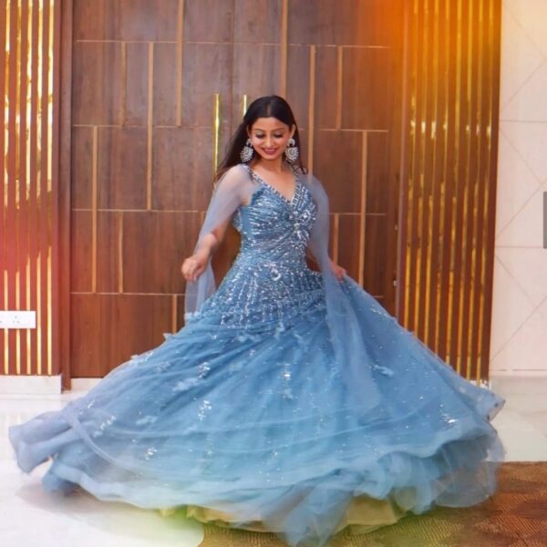 Blue ball gown for bride on rent at Fancyano Udaipur