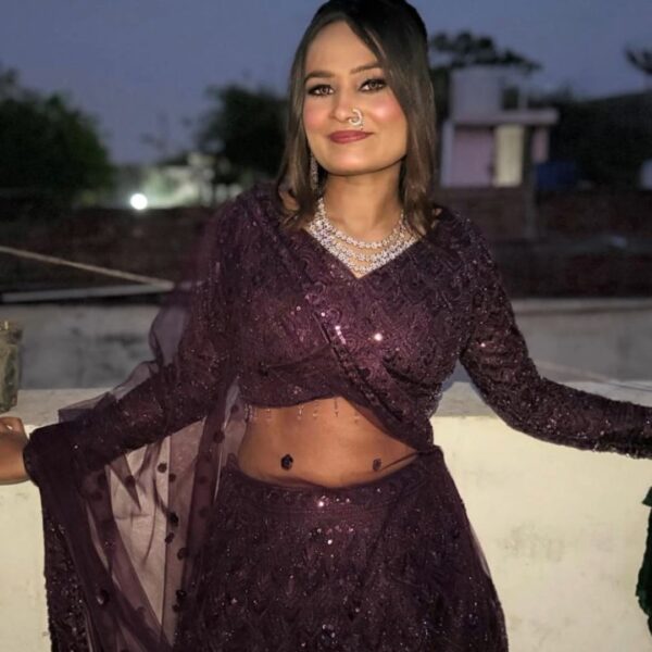 Wine fancy lehenga with full sleeve on rent in Udaipur