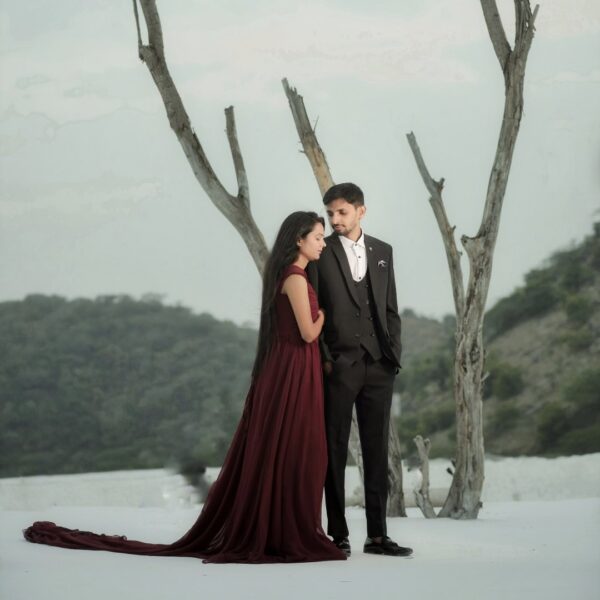 Maroon trail gown rental for pre-wedding photoshoot in Udaipur