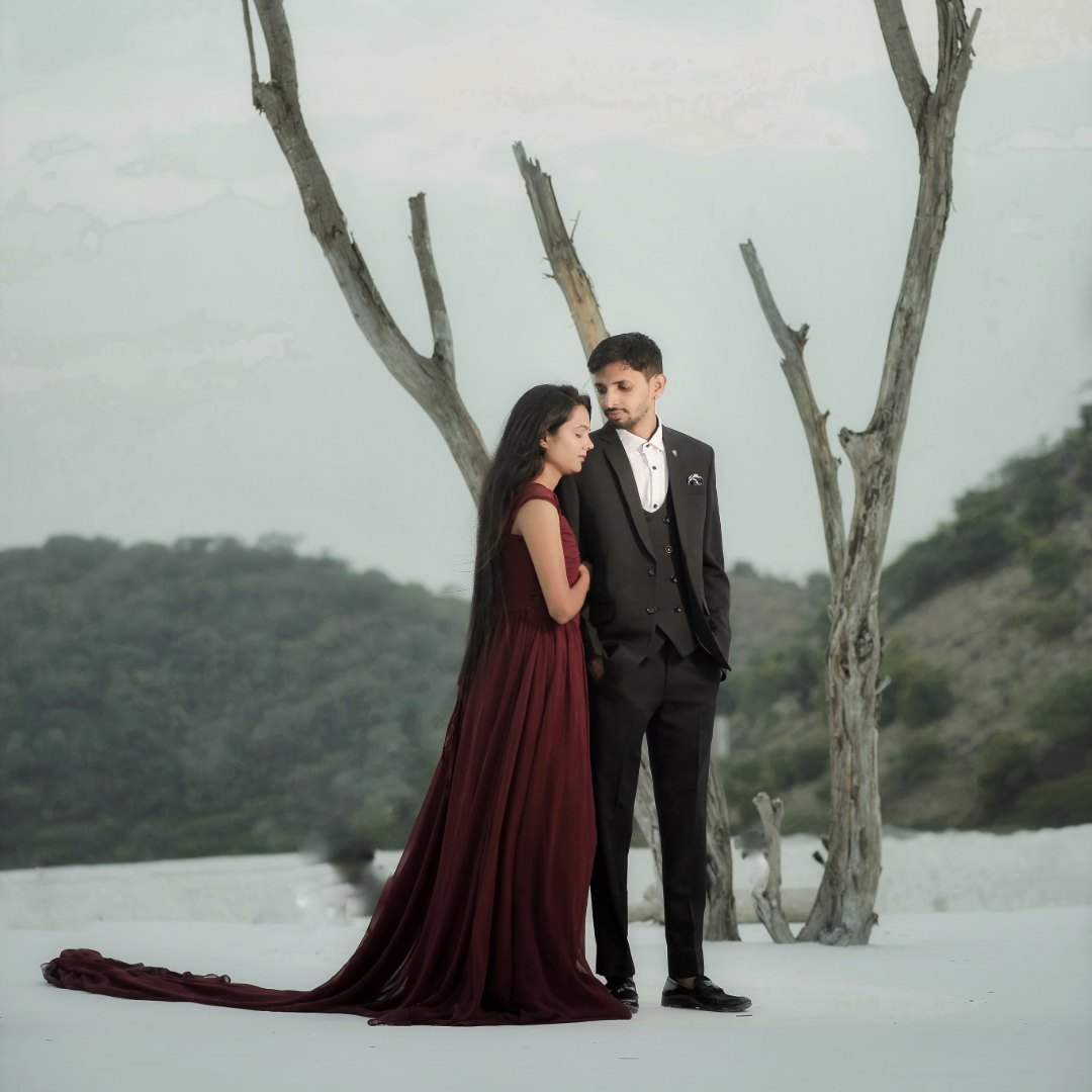 Maroon trail gown rental for pre-wedding photoshoot in Udaipur