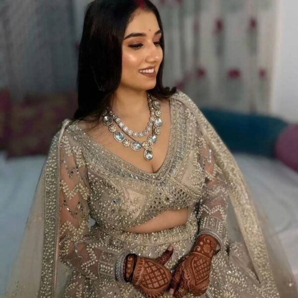 Cream pearl handwork lehenga for rent in Udaipur