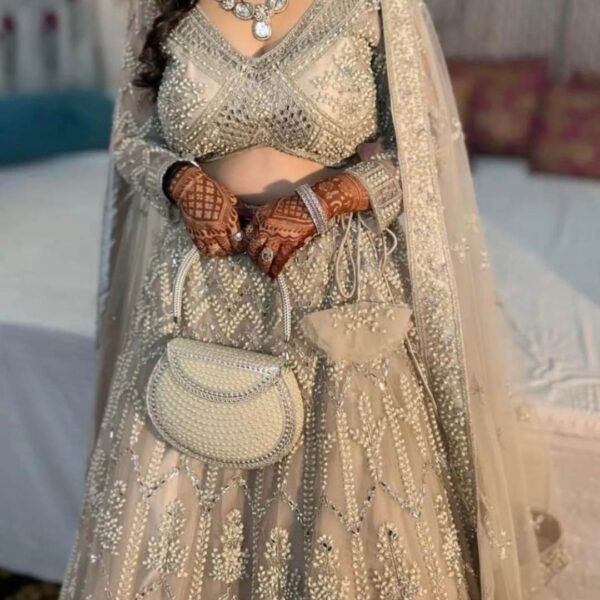 Glamorous Pearl Handwork Lehenga – Cream 1Color Perfection - Image 2