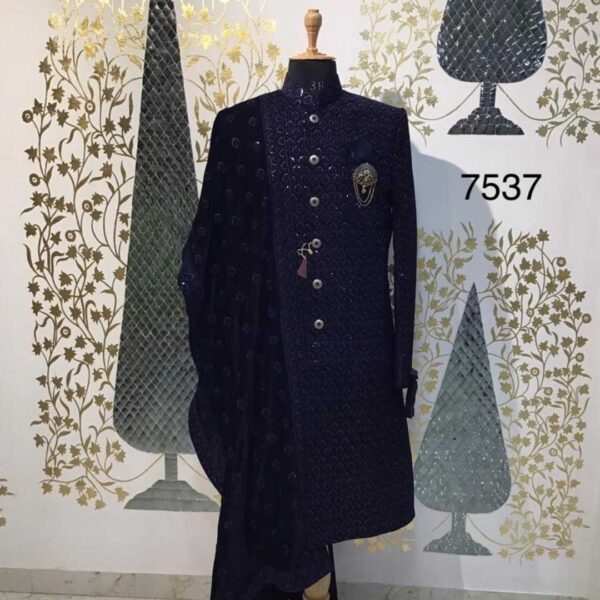 Fancyano's Blue Sequence Sherwani for reception , a bright and glamorous choice for a reception function.