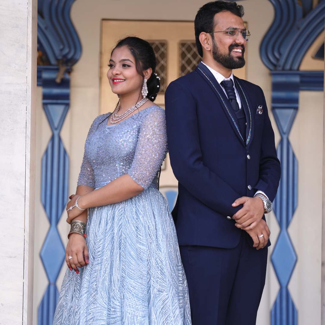 Couple wearing Blue Ball Gown Tuxedo on rent in Udaipur