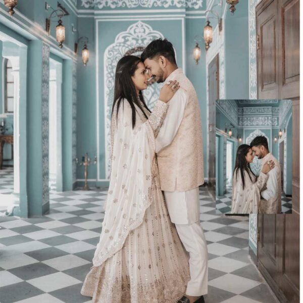 Royal couple posing in white ethnic outfit – Couple Engagement Dress on Rental by Fancyano in Udaipur