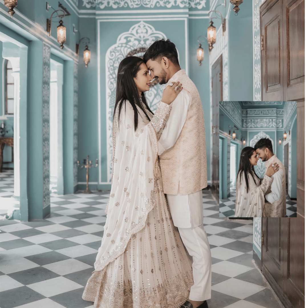 Royal couple posing in white ethnic outfit – Couple Engagement Dress on Rental by Fancyano in Udaipur