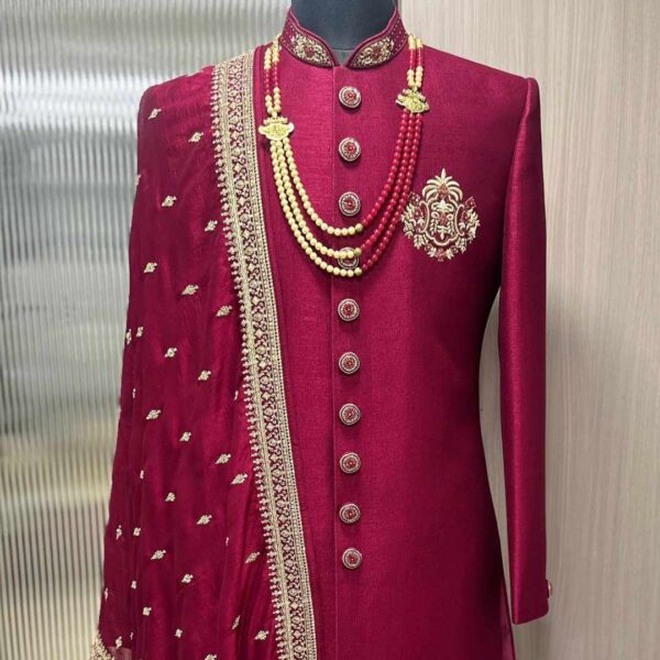 Close-up of the luxurious Wine Achkan with Shawl for men, showcasing rich fabric and design.