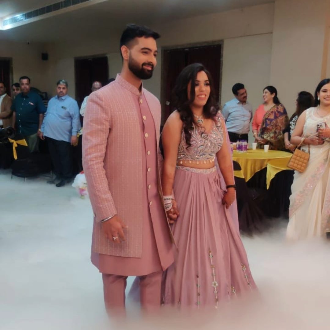 Coordinated lavender couple engagement dress on rent in Udaipur