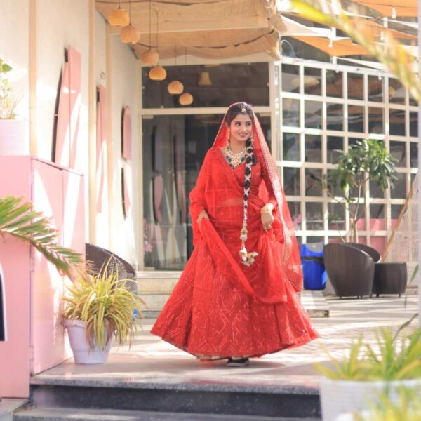 Gorgeous Glow-Up: Rent Designer Red Celebrity Lehenga Today! - Image 4