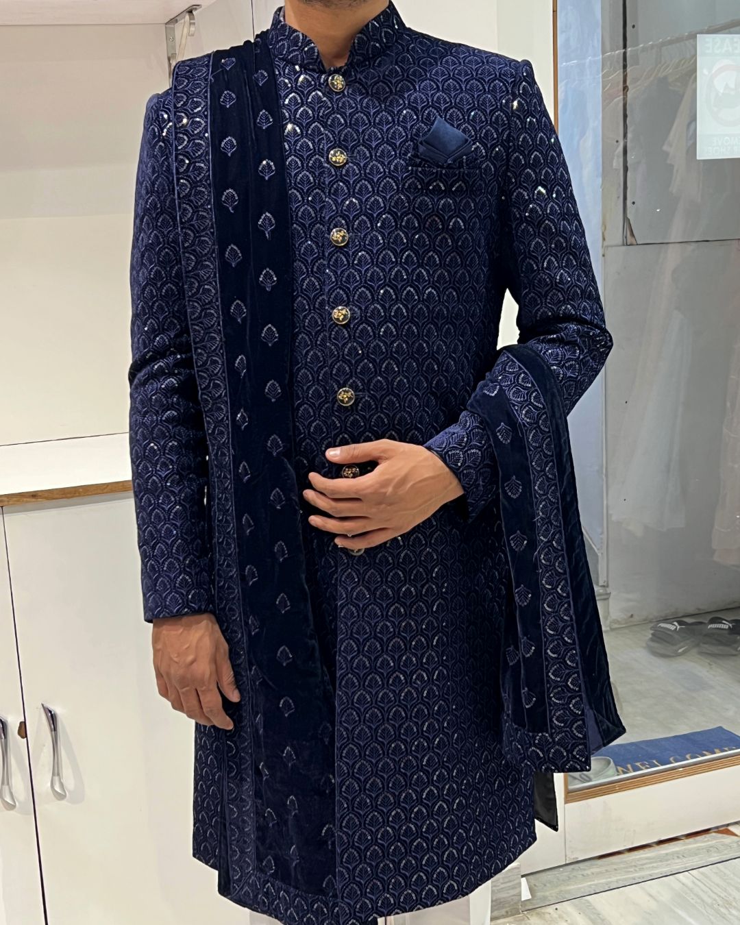 Fancyano's Blue Sequence Sherwani for reception , a bright and glamorous choice for a reception function.
