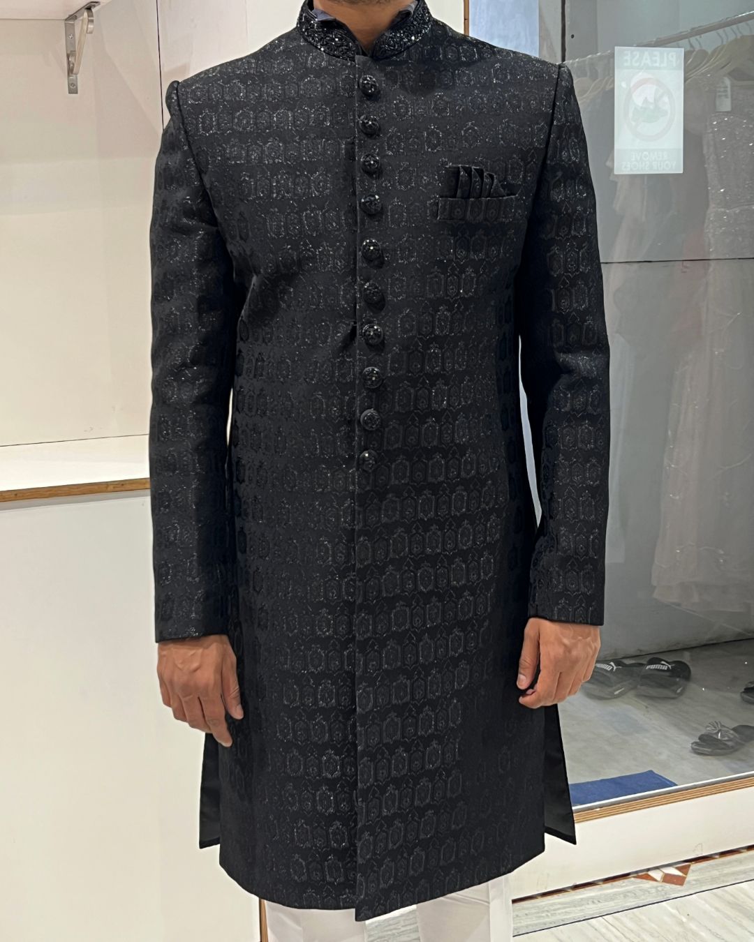 Black Designer Printed Achkan for Men with stylish prints and royal ethnic styling