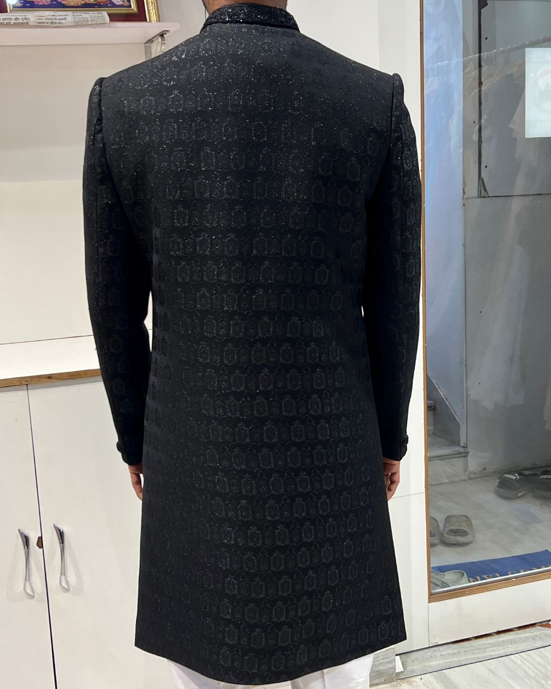 Stunning Black Designer Printed Achkan for Men โ Royal Wedding & Party Wear - Image 2