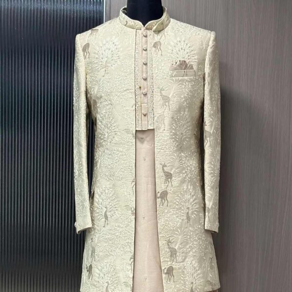 Cream Peacock Designer Indo-Western for Men by Fancyano, front view with intricate peacock embroidery.