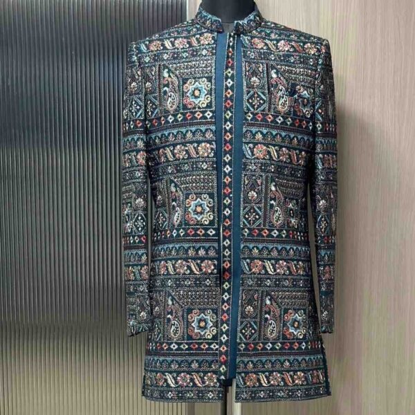 Model wearing Fancyano Green Multicolour Indo-Western for Men available for rent, showcasing intricate design.