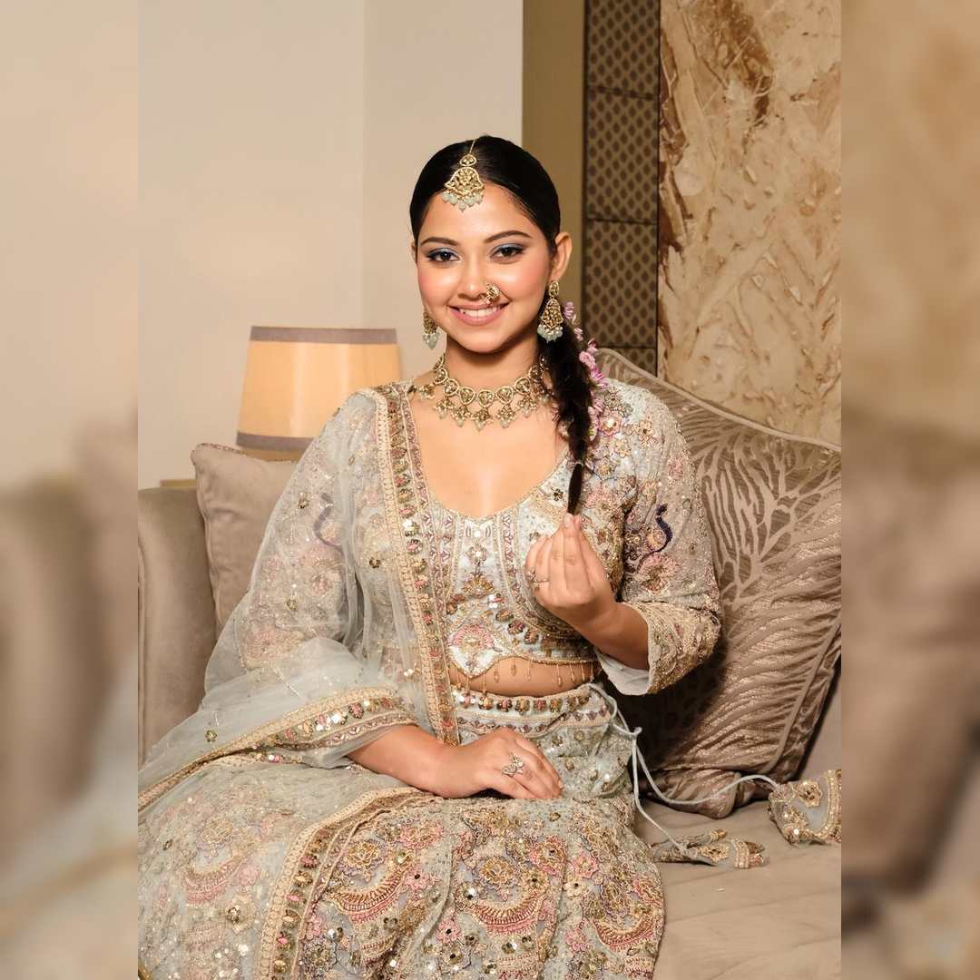 Stunning Blue Fish Pattern Lehenga for weddings & events on rent in Udaipur