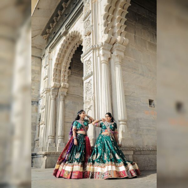 Elegant Green Rajasthani Gagra Choli for rent in Udaipur at Fancyano