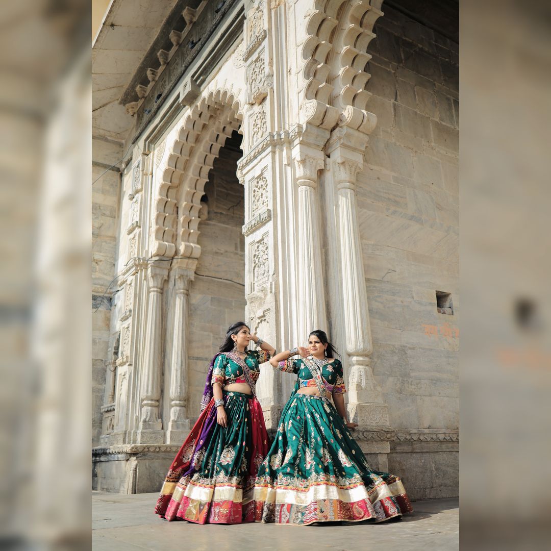 Elegant Green Rajasthani Gagra Choli for rent in Udaipur at Fancyano