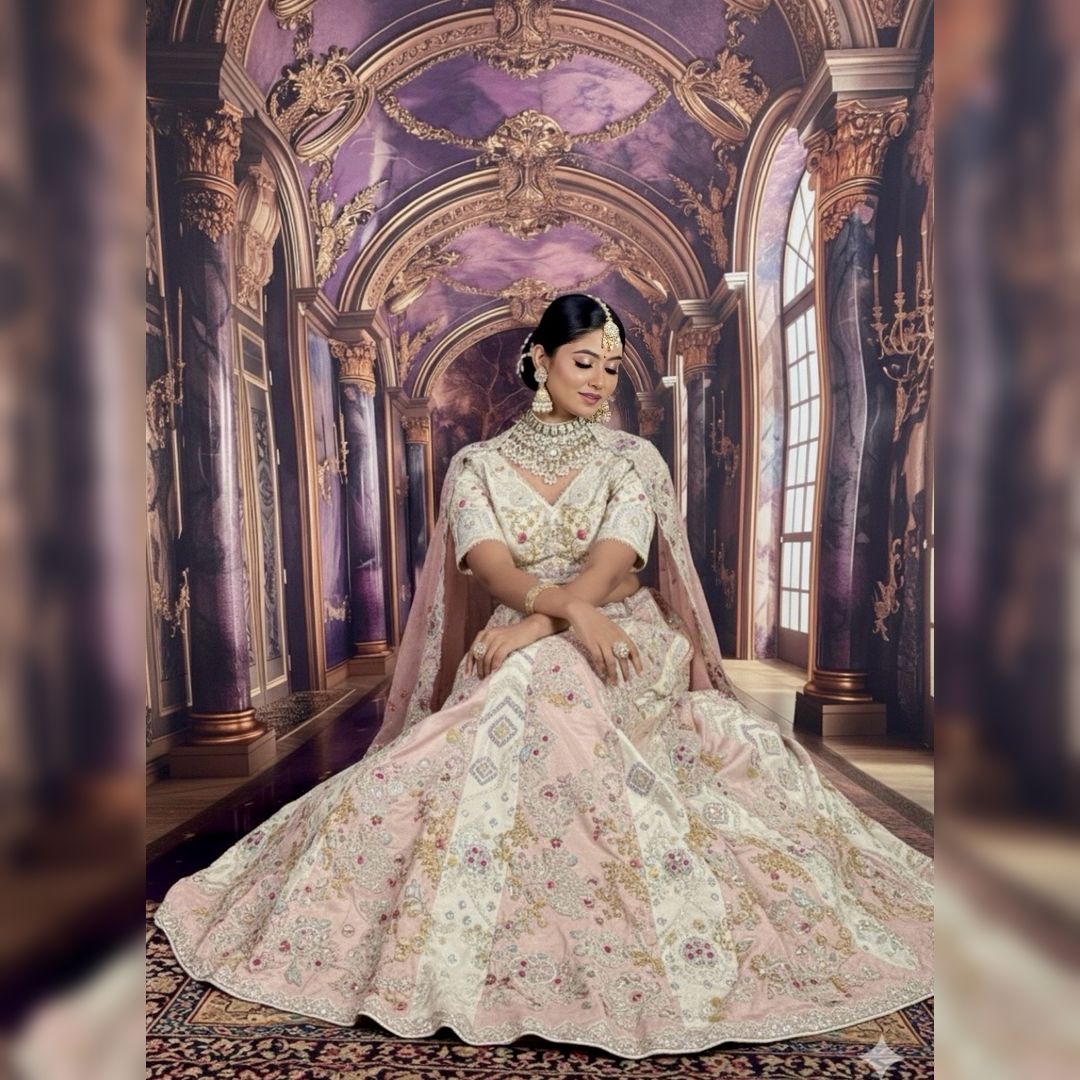Multicolour Designer Lehenga rental in cream pitch shade for weddings & parties Udaipur