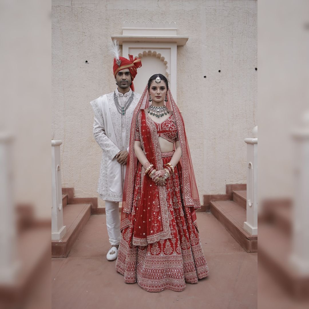 elegant bride and groom couple dress for wedding in udaipur from fancyano rental collection