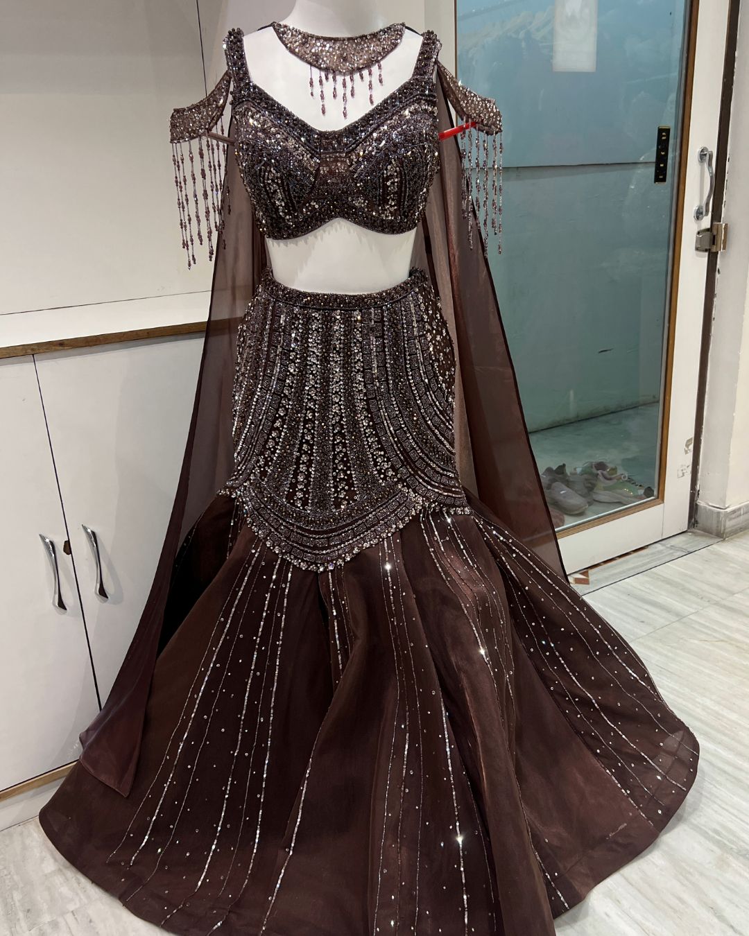 Stylish brown fish cut lehenga rental in Udaipur for wedding and festive celebrations