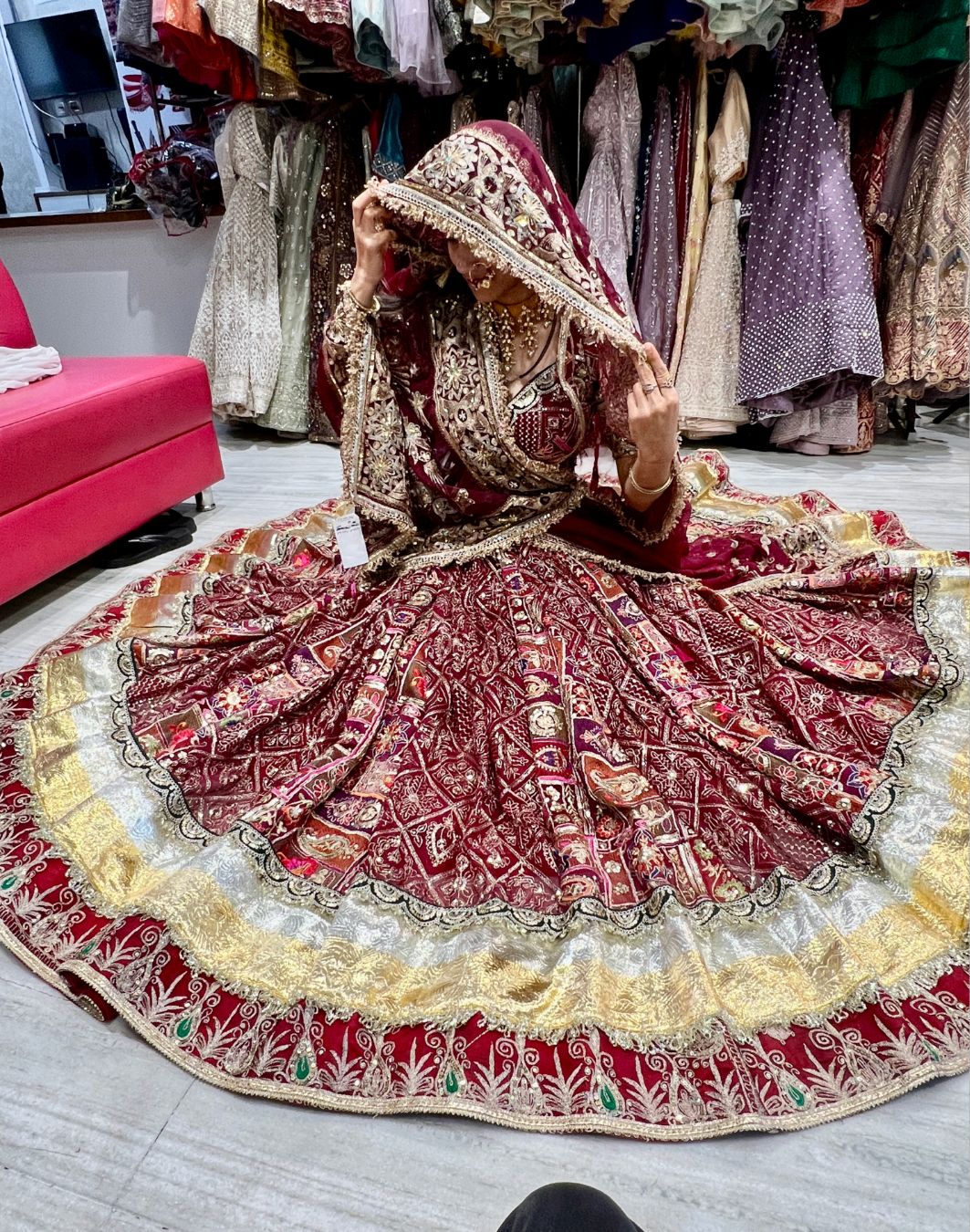 Royal maroon bridal vintage lehenga rent in Udaipur for wedding and bridal celebrations