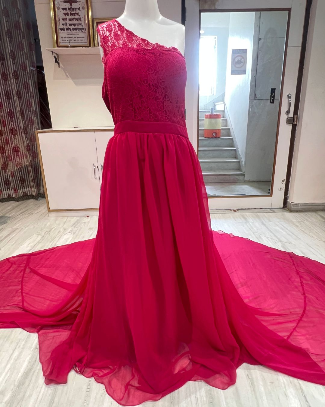 Hot Pink Long Trail Gown rent for pre wedding photoshoot in Udaipur