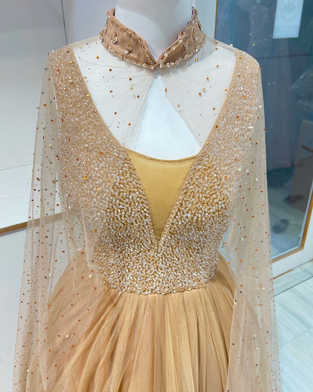 rent gown with shrug for wedding reception and party wear
