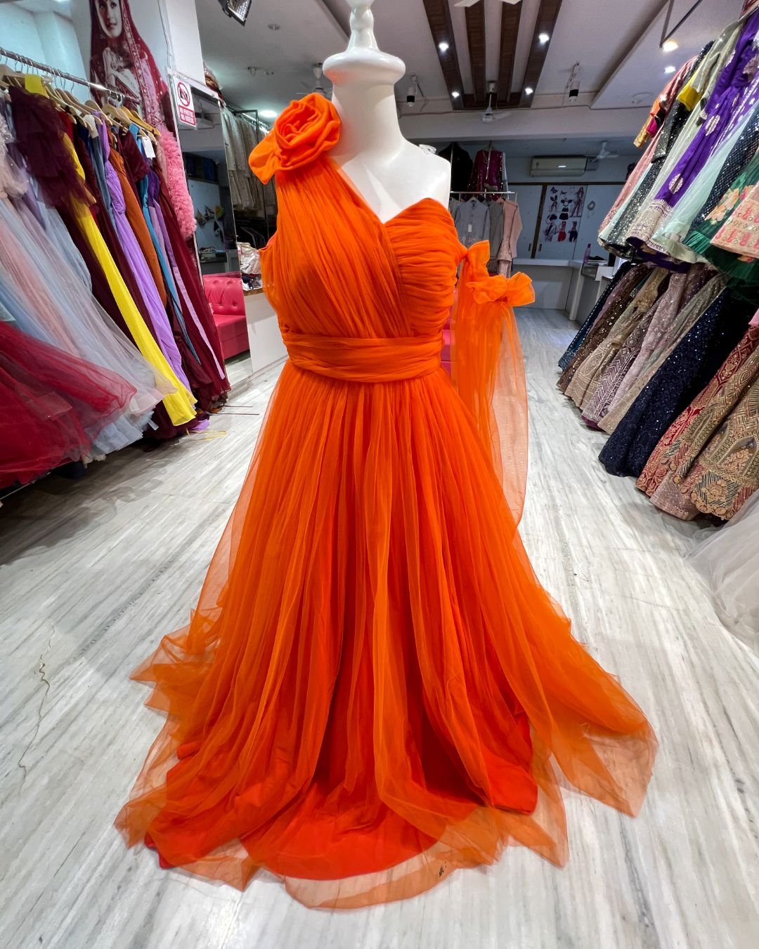 Orange ball gown rent in Udaipur for photoshoot