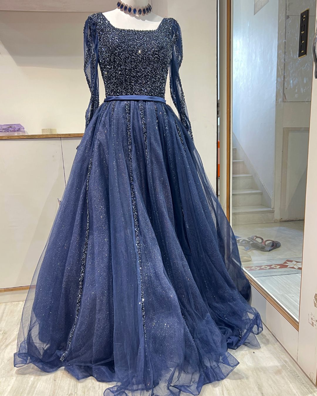 blue bridal dress with sleeves rental for reception, wedding, and engagement